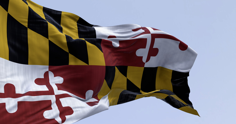 close-up of Maryland state flag waving on a clear day