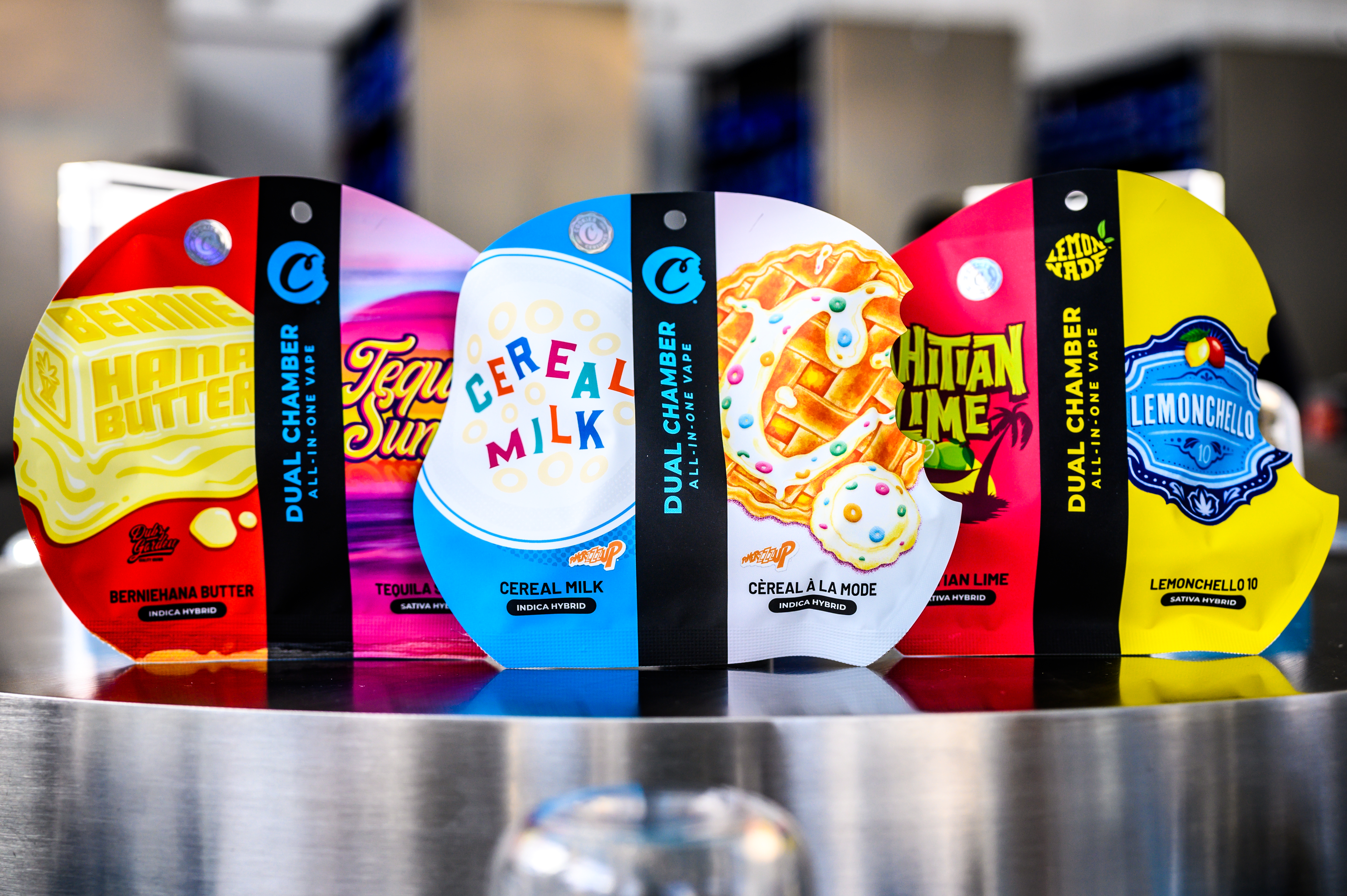 Assorted colorful cereal and milk product packages, including brands like Honey Butter, Cereal Milk, and Lemon Chello.