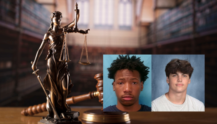 Statue of Lady Justice holding scales in a courtroom, with two mugshot-style portraits of individuals below.