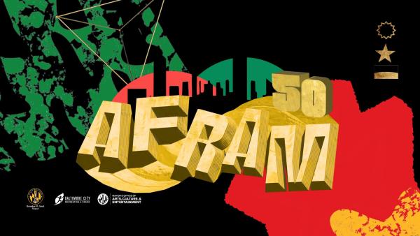 Colorful abstract cityscape with "50 AFRANZ" text in the center against a black background.