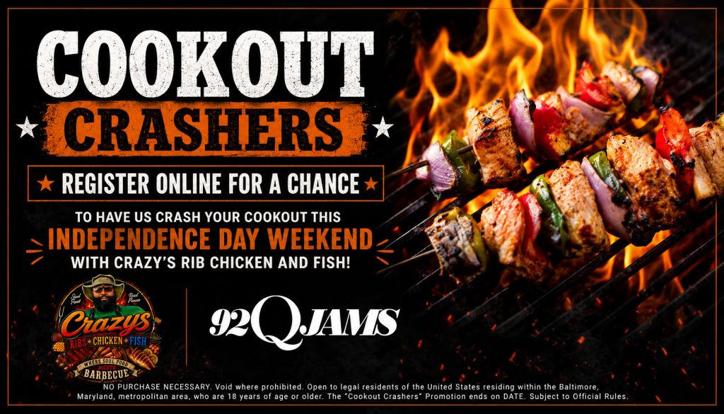 Cookout Crashers promotion for Crazy's Rib Chicken and Fish, featuring grilled meat skewers over open flames.