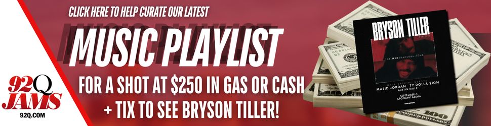 An advertisement for a music playlist promotion offering a chance to win $250 in gas or cash and tickets to see Bryson Tiller.