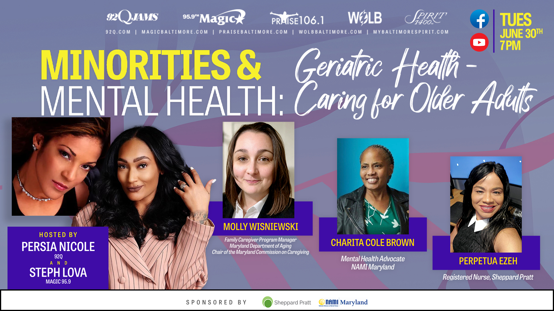 Promotional image for a panel discussion on "Minorities & Mental Health: Geriatric Health - Caring for Older Adults" featuring speakers Molly Wisniewski, Charita Cole Brown, and Perpetua Ezeh.