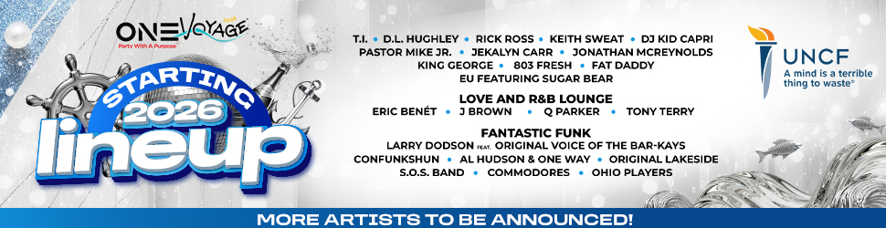 One Voyage music festival lineup poster featuring artists like T.I., D.L. Hughley, Rick Ross, Keith Sweat, DJ Kid Capri, and more. Starts in 2026.