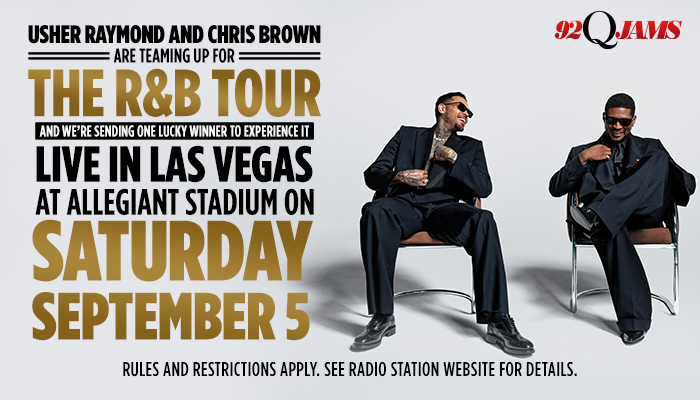 Usher Raymond and Chris Brown seated in chairs, promoting "The R&B Tour" live in Las Vegas at Allegiant Stadium on September 5.