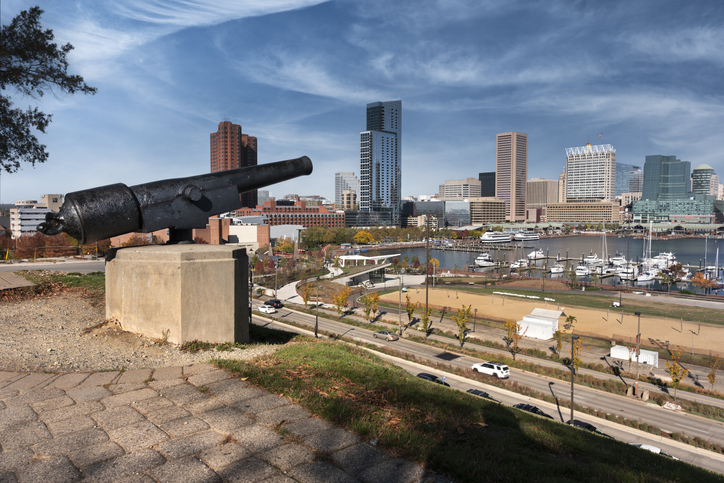Baltimore Maryland historic cannon in Federal Hill Park view USA