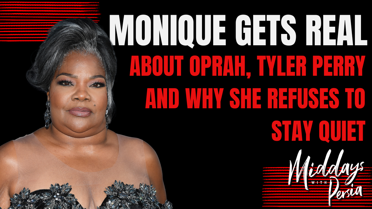 A close-up portrait of a woman with gray hair wearing a black and silver dress. The text overlaid on the image reads "MONIQUE GETS REAL ABOUT OPRAH, TYLER PERRY AND WHY SHE REFUSES TO STAY QUIET".