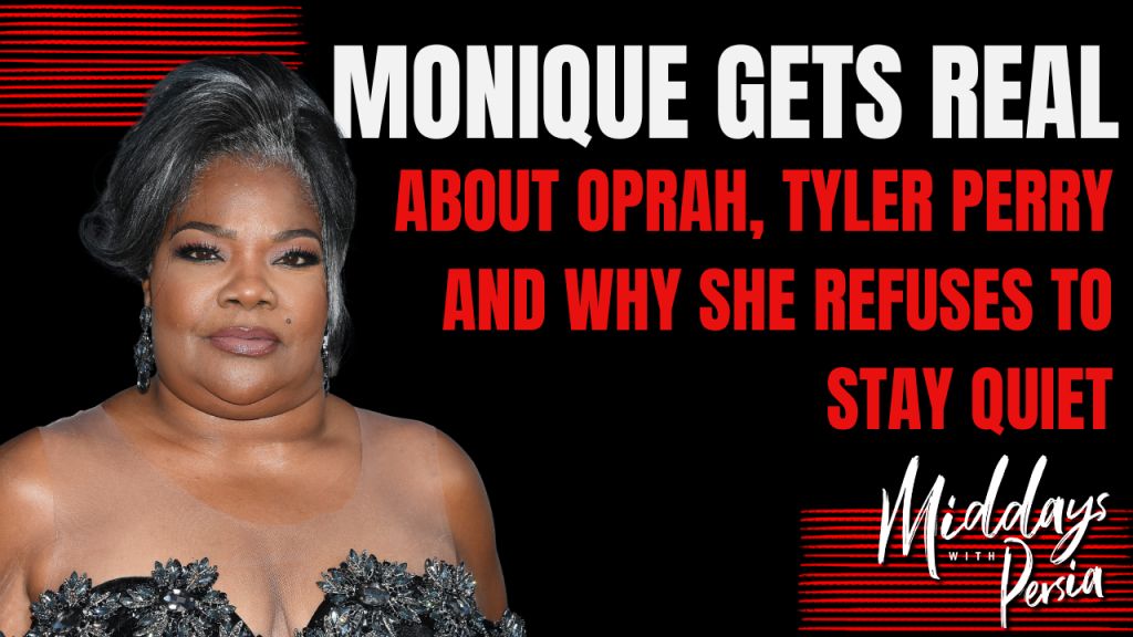 A close-up portrait of a woman with gray hair wearing a black and silver dress. The text overlaid on the image reads "MONIQUE GETS REAL ABOUT OPRAH, TYLER PERRY AND WHY SHE REFUSES TO STAY QUIET".