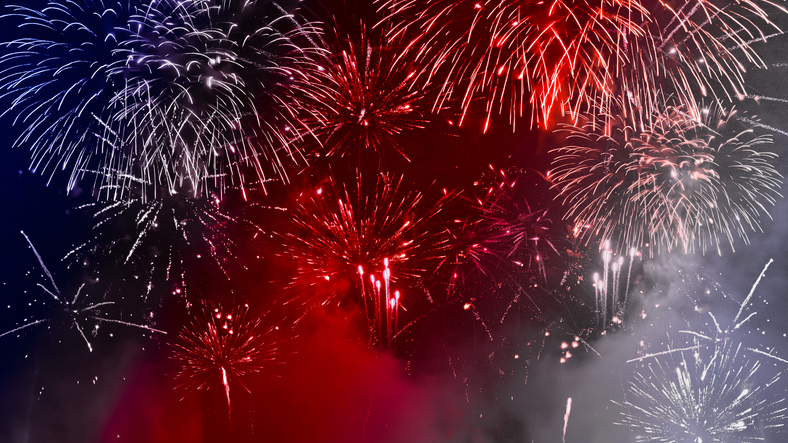 USA america united states new year, new years eve or Independence Day, 4th of July celebration holiday background greeting card - Blue red white firework on dark night sky