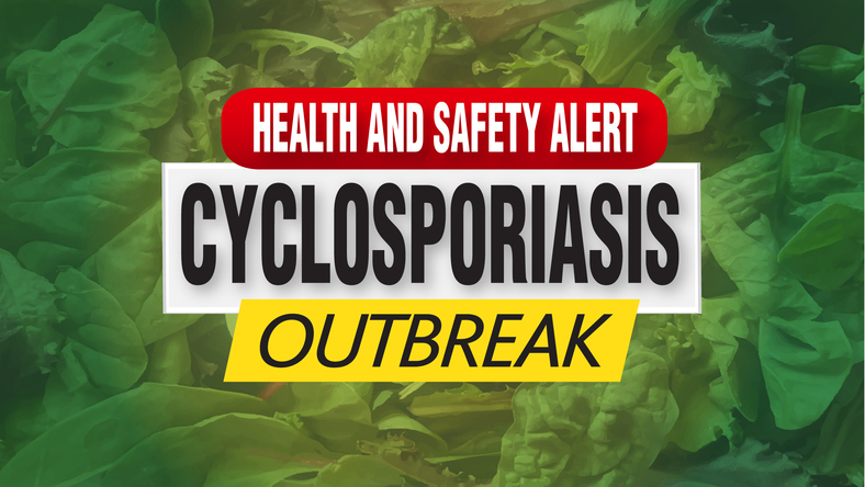 Cyclosporiasis Parasite Outbreak news alert concept web banner template news background with abstract salad greens textured background