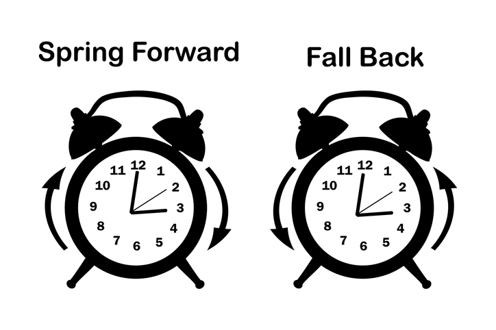 Daylight Saving Time icons set isolated on white background. Spring Forward and Fall Back Time. Daylight symbol with alarm clocks.