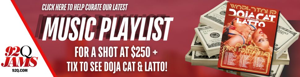 An advertisement for a music playlist promotion, featuring stacks of cash and the Doja Cat & Latto album cover.