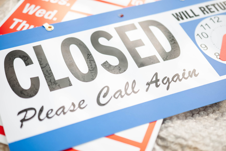 Business hours closed sign copy space background image, bokeh soft focus backdrop of sign letters, economy industry concept