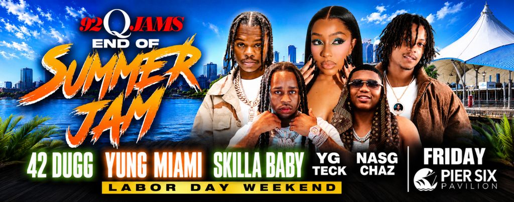Promotional poster for "End of Summer Jam" music festival featuring 42 Dugg, Yung Miami, Skilla Baby, YG, and NASG Chaz.