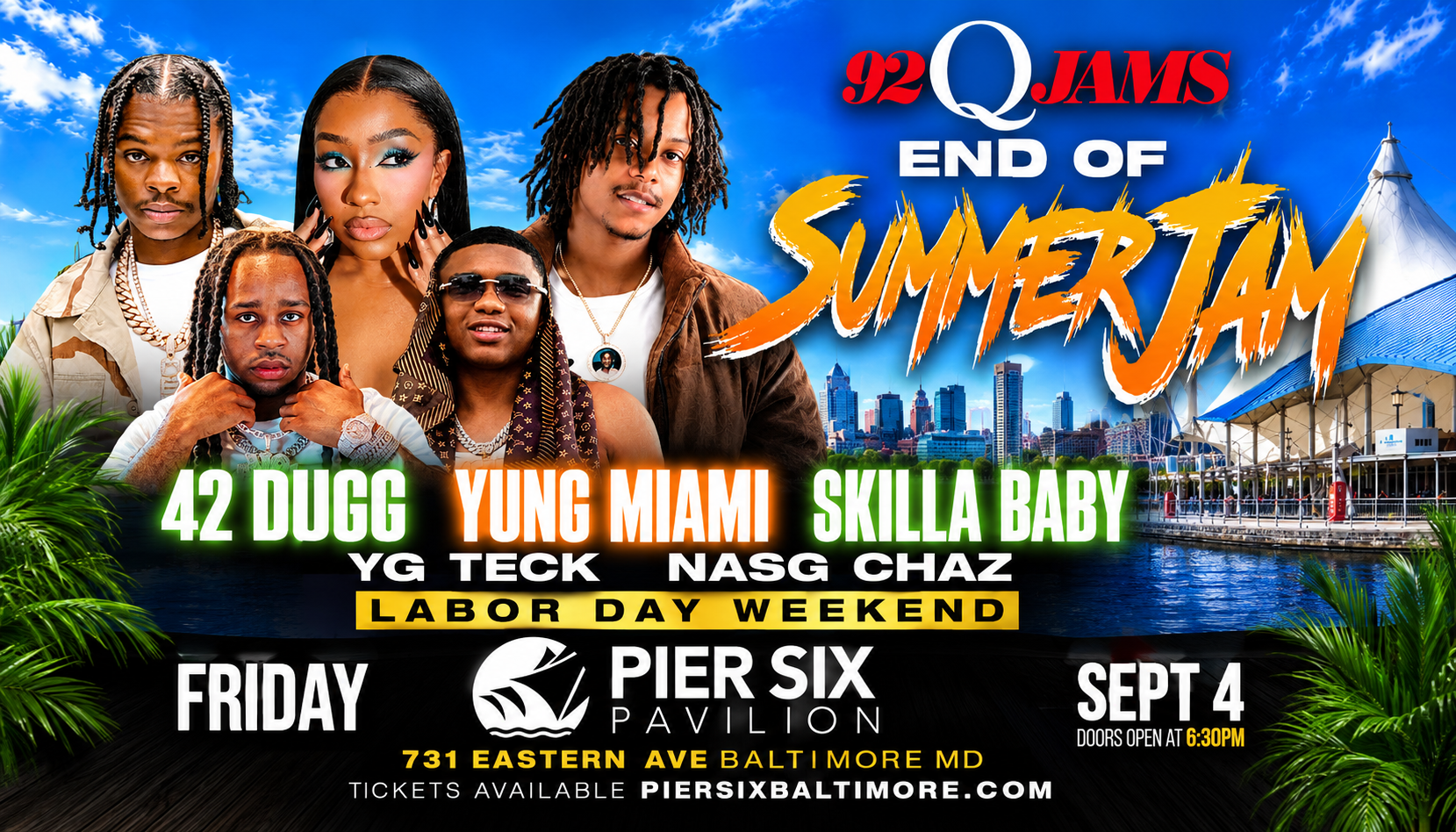 Poster for "End of Summer Jam" music festival featuring 42 Dugg, Yung Miami, Skilla Baby, and other artists. Includes venue details and event date.