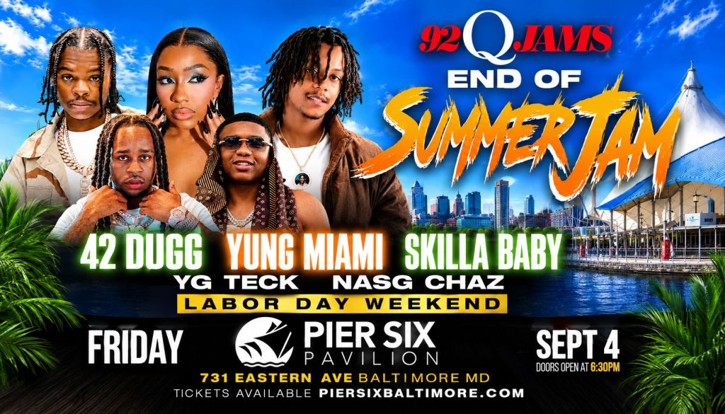 Poster for "End of Summer Jam" music festival featuring 42 Dugg, Yung Miami, Skilla Baby, and other artists. Includes venue details and event date.