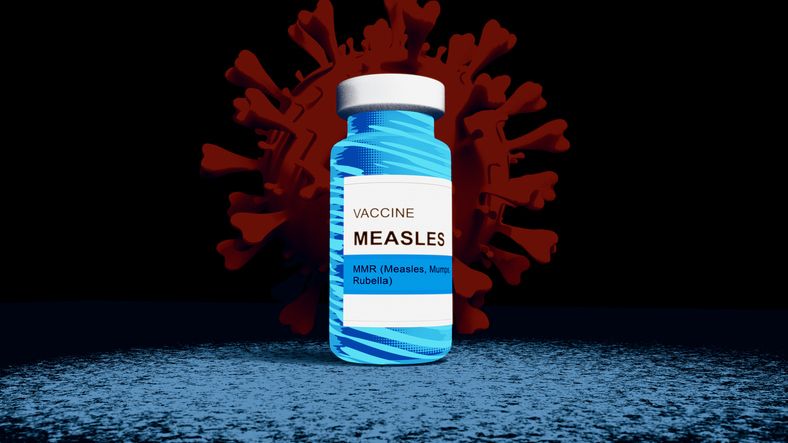 Measles vaccine vial against red viral pathogen cell