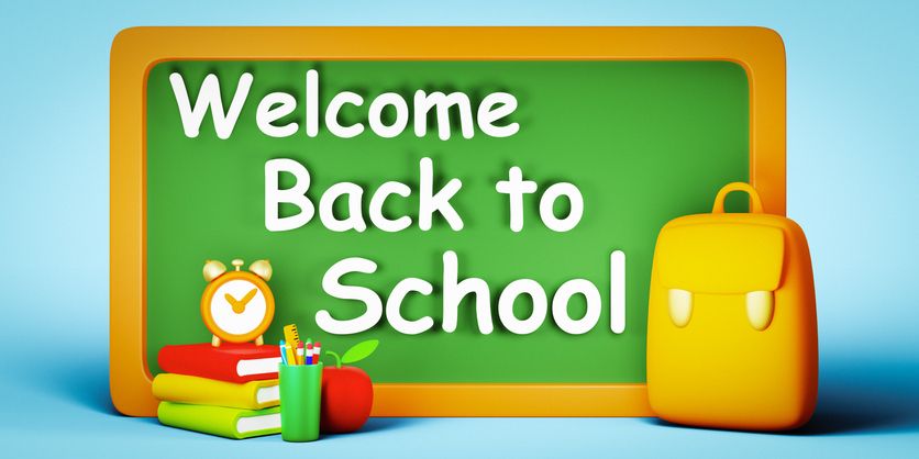 Welcome back to school chalkboard banner with 3d cartoon backpack and books.