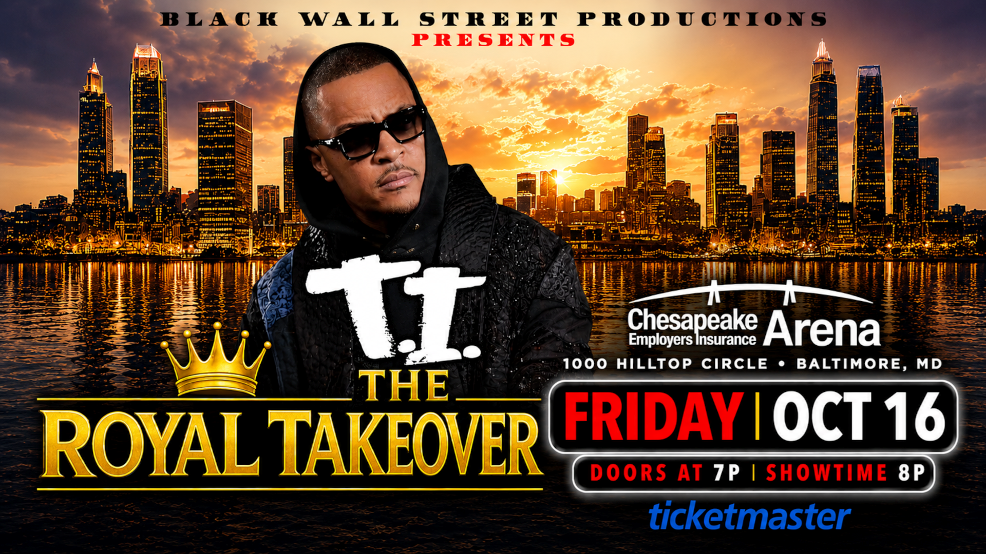 A man in sunglasses standing in front of a cityscape at sunset, with the text "BLACK WALL STREET PRODUCTIONS PRESENTS" and "THE ROYAL TAKEOVER" displayed.