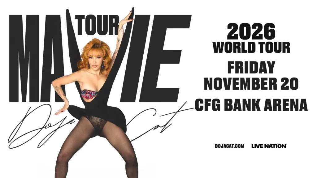 A woman in a black and purple costume striking a pose on a poster for the "MOVIE Tour 2026 World Tour" on November 20 at the CFG Bank Arena.