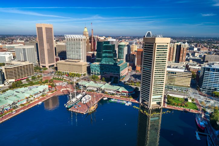 Baltimore Downtown High Angle Aerial View With Harbor And Ships