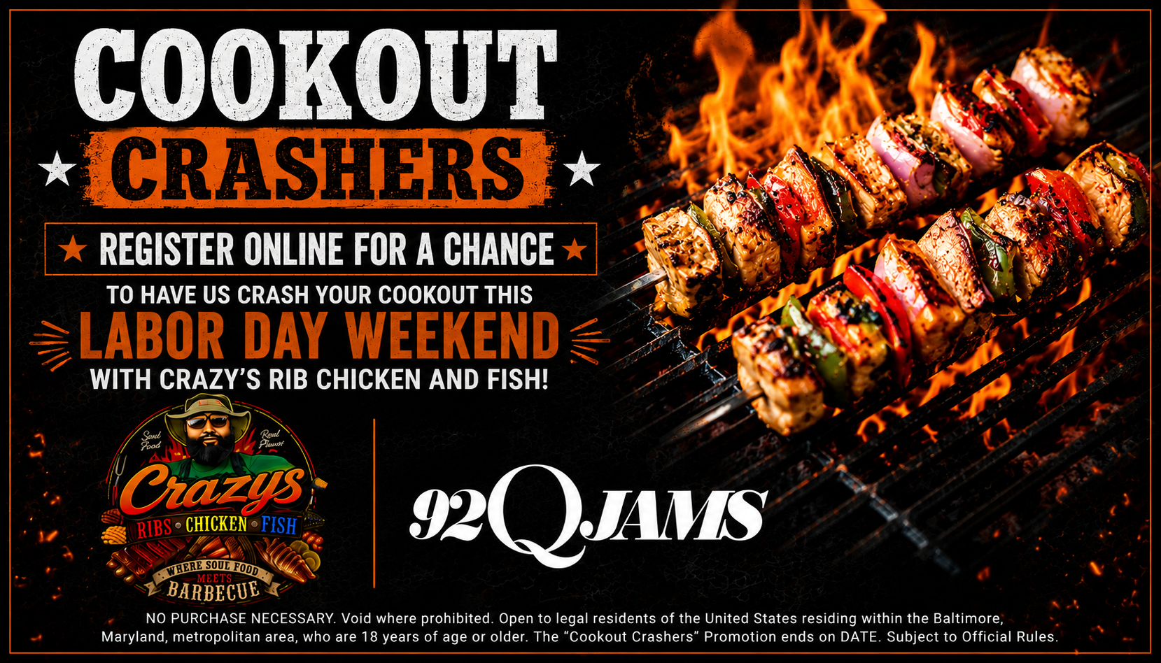Cookout Crashers promotion for Labor Day weekend featuring grilled meat and flames, with text "COOKOUT CRASHERS", "REGISTER ONLINE FOR A CHANCE", and "Crazy's Ribs Chicken Fish Barbecue".