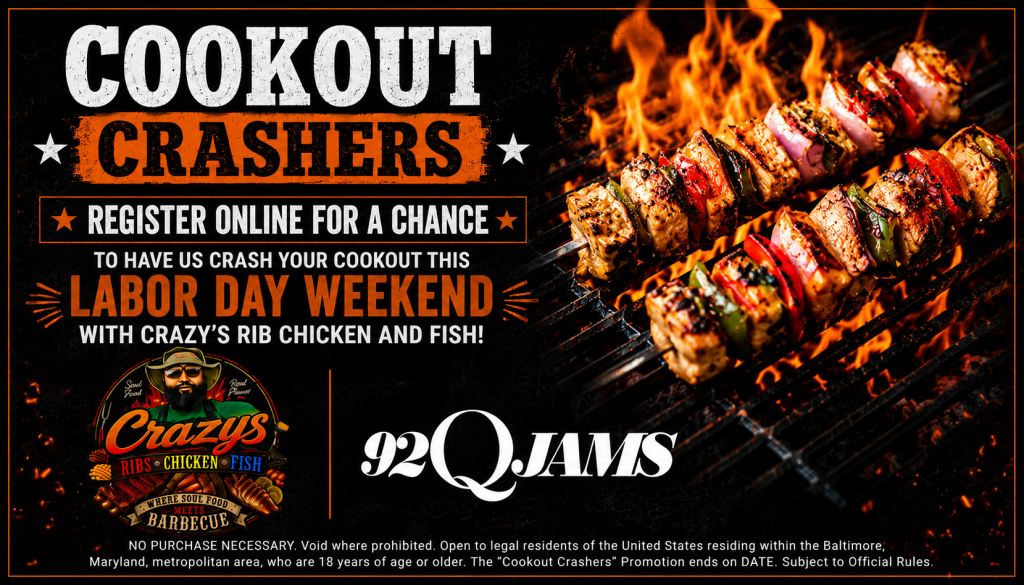 Cookout Crashers promotion for Labor Day weekend featuring grilled meat and flames, with text "COOKOUT CRASHERS", "REGISTER ONLINE FOR A CHANCE", and "Crazy's Ribs Chicken Fish Barbecue".