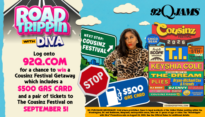 Colorful road trip-themed advertisement for the Cousins Festival, featuring a woman in leopard print clothing and text promoting a chance to win a festival getaway.