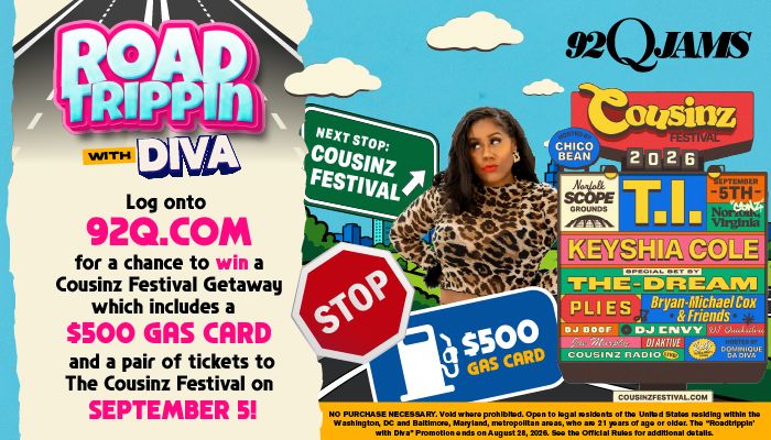 Colorful road trip-themed advertisement for the Cousins Festival, featuring a woman in leopard print clothing and text promoting a chance to win a festival getaway.