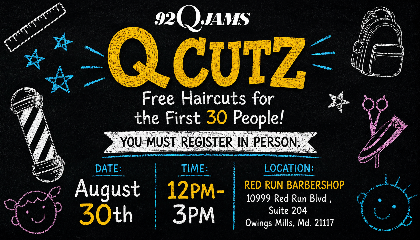 Poster advertising "Q Cutz" free haircuts for the first 30 people on August 30th from 12PM-3PM at Red Run Barbershop in Owings Mills, MD.