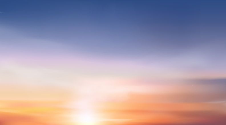 Sky Sunset Blue Sunrise Background With Evening Orange Dramatic Sun At Dawn. Yellow Dusk Season Skyline Over Sea With Morning Light, Golden Horizon And Colorful Natural Cloudscape.