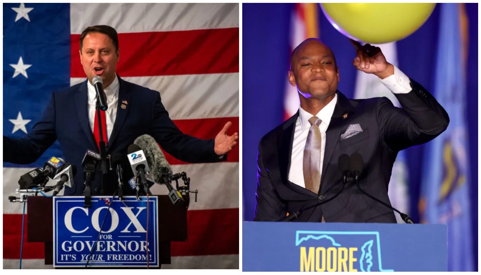 Two political candidates speaking at podiums, one with "Cox for Governor" and the other with "Moore" signage.