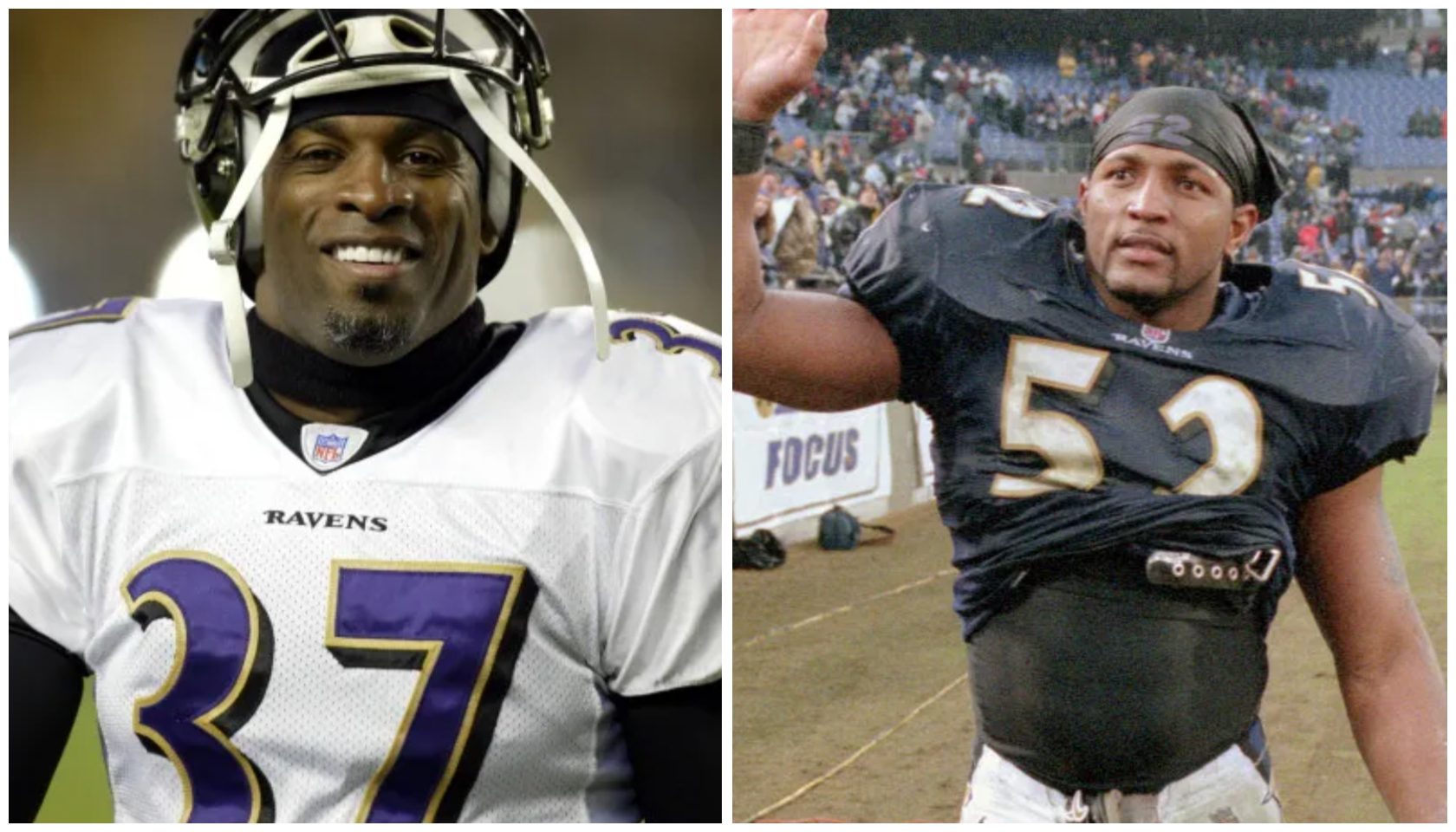 Two football players in uniform, one wearing a Ravens jersey with the number 37 and the other wearing a jersey with the number 52.